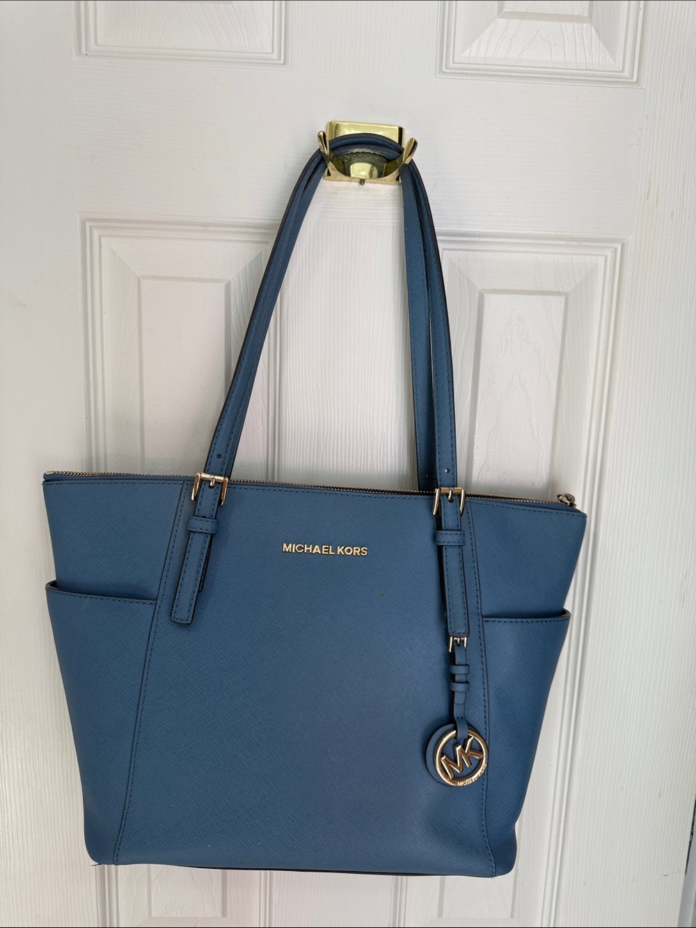 Michael Kors Blue Saffiano Shoulder Tote with Gold Hardware